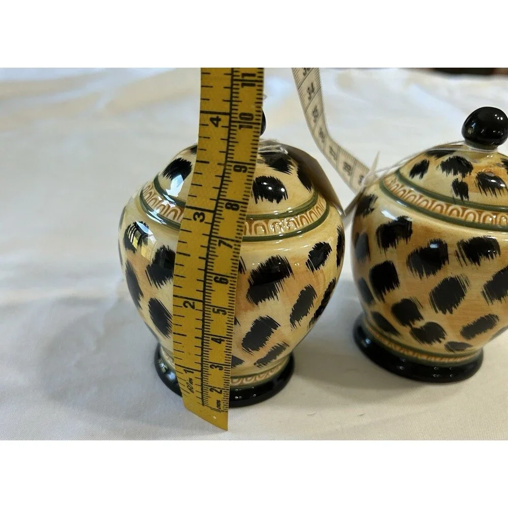 Safari Leopard Salt And Pepper Shaker Set Tropical Orange Black Ceramic 4x3”